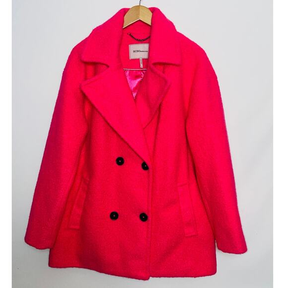 BCBGeneration Vibrant Pink Double-Breasted Boucle Peacoat - Women's‎ Size XL